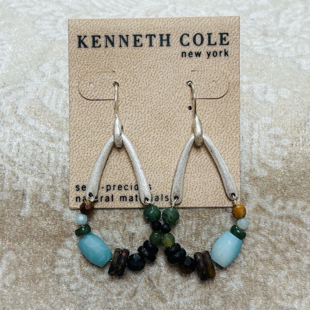 Brand New Kenneth Cole Semi-Precious Natural Gemstones Drop Earrings Silver Tone